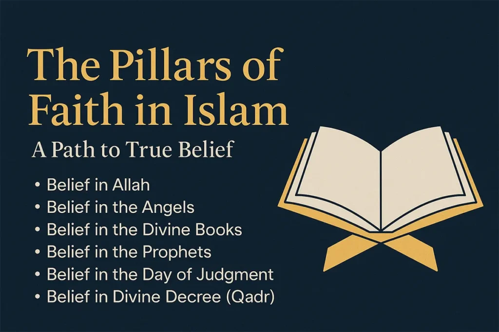 The Pillars of Faith in Islam – An illustrated Quran with a list of the six pillars of faith on a dark blue background.
