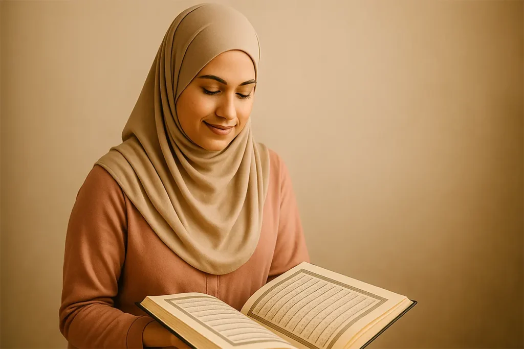 A Muslim woman in a hijab smiles peacefully while reading the Quran.