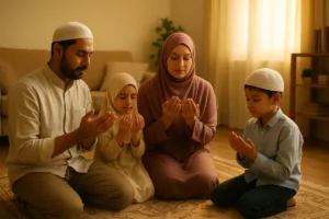A Muslim family praying together at home, symbolizing unity, love, and faith.
