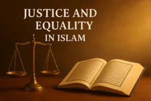 A symbolic image of scales of justice beside an open Qur’an, representing fairness and equality in Islam.