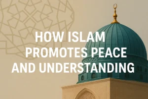 • A Muslim man and woman sharing tea under soft sunlight, symbolizing peace and understanding in Islam.