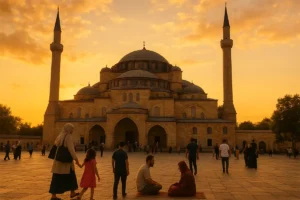 A peaceful Turkish mosque at sunset representing faith, unity, and cultural harmony in Islam.