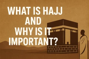 Illustration of a Muslim in Ihram standing before the Kaaba during Hajj, symbolizing the sacred pilgrimage in Islam.