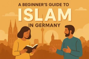 A friendly guide to understanding Islam in Germany, featuring city landmarks and people learning about Islamic teachings.