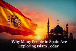 Spain flag blended with a mosque silhouette at sunset representing the growing interest in Islam in Spain.