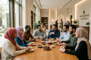 A diverse group of people from different cultures sitting together in a peaceful, sunlit environment, representing Islamic community belonging.