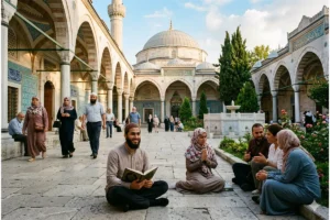 Diverse group of people from different ethnicities standing together in a sunlit garden in harmony.