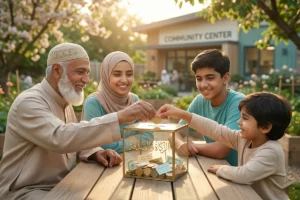A symbolic representation of giving and communal support in Islamic finance, showing golden coins and a helping hand.
