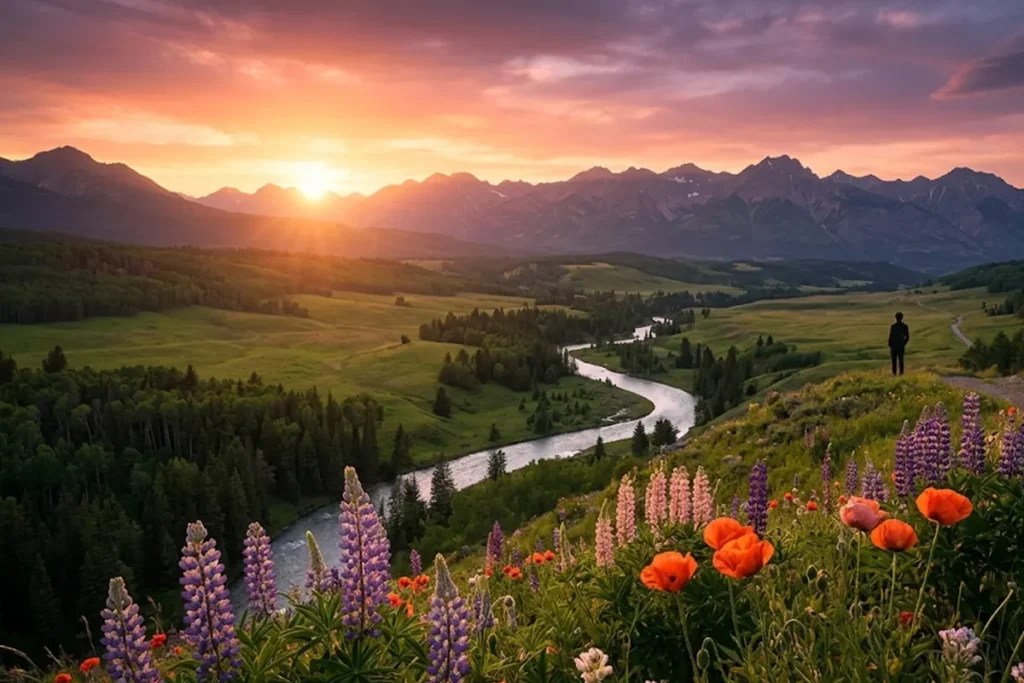 A breathtaking view of a lush valley meeting a golden sunset, symbolizing the divine beauty and purposeful design of the world.