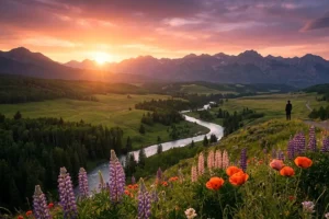 A breathtaking view of a lush valley meeting a golden sunset, symbolizing the divine beauty and purposeful design of the world.