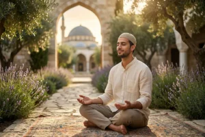 A peaceful person sitting in a sunlit, quiet space, symbolizing spiritual reflection and mental rest.