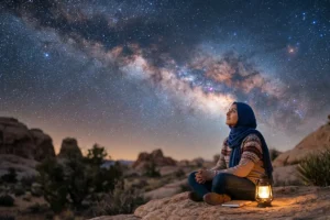 A person looking at a starry night sky or a complex natural pattern, symbolizing the Islamic invitation to reflect and think deeply.